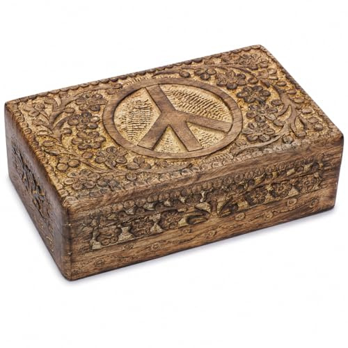 Ajuny Portagioie Decorativo in Legno Intagliato a mano con Design di Intagli di Pace Organizer Multiuso per Riporre Ricordi Baule del Tesoro da Viaggio Portaoggetti Regali 8x5 pollici