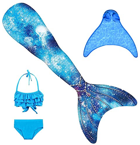 BAWADE Meerjungfrauenflosse Mädchen Meerjungfrau Flosse mit Monoflosse und Bikini Set für Kinder, 4 Stück Set