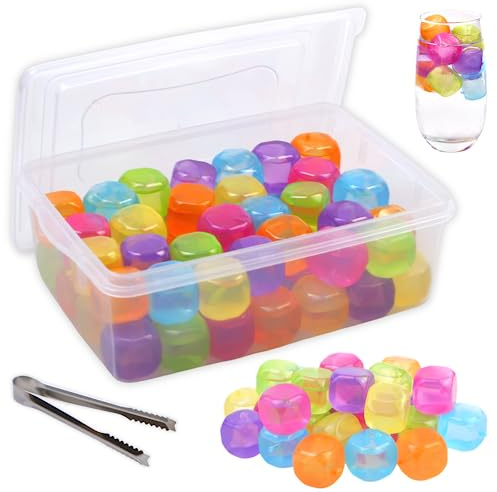 Reusable Ice Cube with Lid & Bin, 60 Pack Plastic Ice Cubes for Drinks BPA Free, Colorful Refreezable Square Ice Cubes for Water Bottles, Whiskey, Vodka, Coffee, Beer or Wine, Non-Diluting