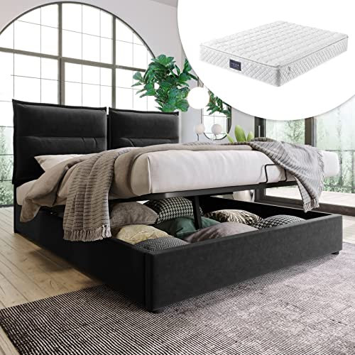 AMDXD Hydraulisk dubbelsäng, klädselsäng, 140 x 200 cm, justerbar sänggavel, säng med ribbotten av metallram, sammet, modern sängram med stort förvaringsutrymme, svart (med madrass)