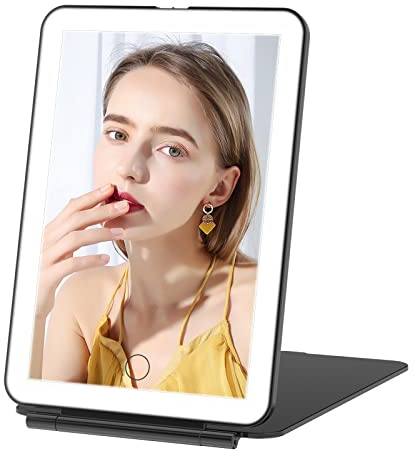 FUNTOUCH Uppladdningsbar sminkspegel med ljus, bärbar resesminkspegel med 72 LED-lampor, 3-färgsbelysning, justerbar ljusstyrka, justerbar pekskärm, kosmetisk bordsspegel