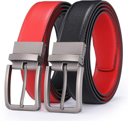 Glamicci Ceinture réversible en cuir véritable pour homme 33 mm de large | Ceinture 2 en 1 | Sangle de ceinture réglable pour s'adapter, Noir/rouge., Large: Up to 40” Waist Trim to adjust