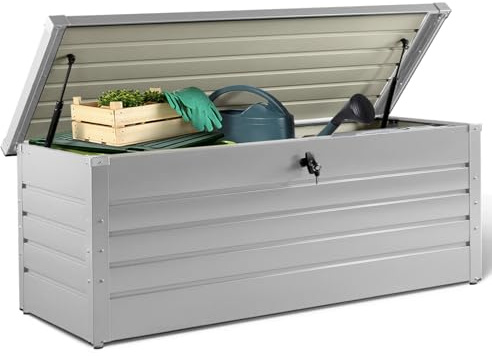 IDMarket - Baúl de almacenamiento de metal con cerradura para jardín, 600 L, 165 x 70 x 63 cm, color gris claro