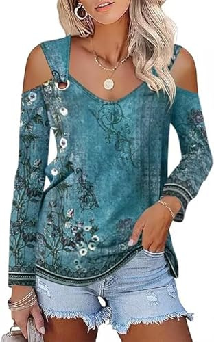 GRMLRPT Camiseta Mujer Manga Larga Camisa Floral/Sólido Cuello en V Blusa Elegantes Sin Hombros Túnica Top Primavera Otoño(Azul,XL)