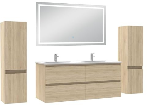 AICA Ensemble Meubles Salle de Bain 120cm avec Colonne et Miroir Lumineux 3 Couleurs Chêne Wotan