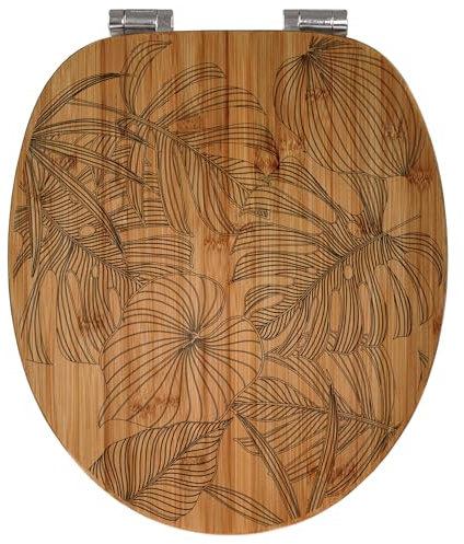 banjado® Hochwertig gravierter Design WC Sitz Bambus Absenkautomatik Monstera/Toilettendeckel mit Absenkautomatik Holz/Bambus Klodeckel/WC-Sitz für alle gängigen Toiletten
