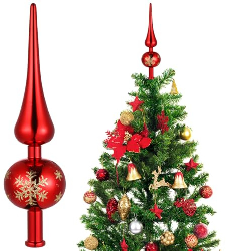 Garneck Punta per albero di Natale vintage 9 pollici in vetro rosso – Punta per albero di Natale per interni ed esterni, elegante punta per albero di Natale come decorazione festiva per