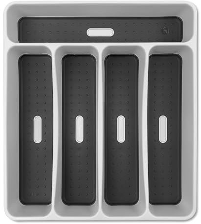 TIENDA EURASIA – Organizador de Cubiertos | Silicona y Plástico Libre de BPA | Color Gris y Blanco | Medidas 29x33x4 cm | Cubertero para Cajon