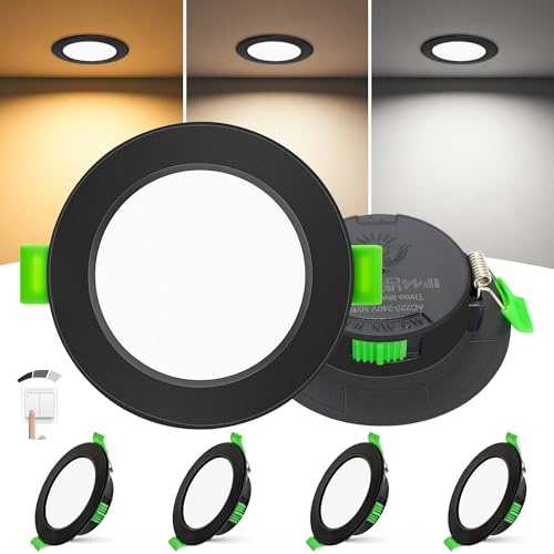 Laiebri Pack de 4 Focos LED Empotrables Extra Planos 25mm, 6W Regulable 3 Intensidades sin Regulador, 2700K 4000K 6000K, IP44 Ojos de Buey LED Techo, Corte Ø58-68mm 230V, Negro