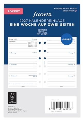 Filofax Inserto per calendario tascabile, 1 settimana su 2 pagine, verticale, tedesco 2027