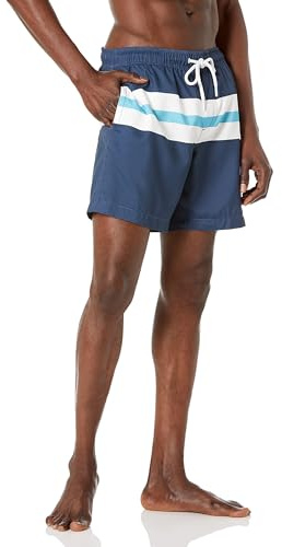 Amazon Essentials Men's 7 Quick-Dry Swim Trunk, Navy White Stripe, Medium