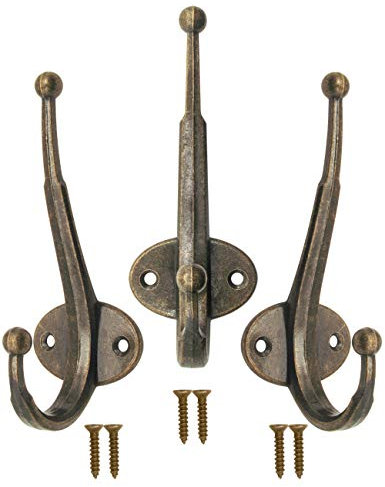 Fuxxer 3x Klassische Garderoben-Haken, Eisen-Haken, Wand-Haken, 12 cm, bronze antik