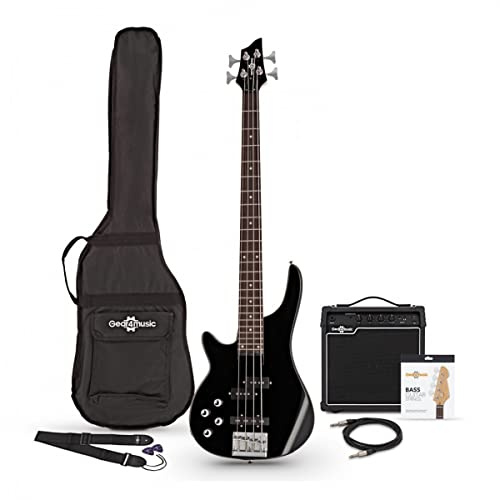 Gear4music Chicago Bajo Electrico para Zurdos con Amplificador 15W Negro