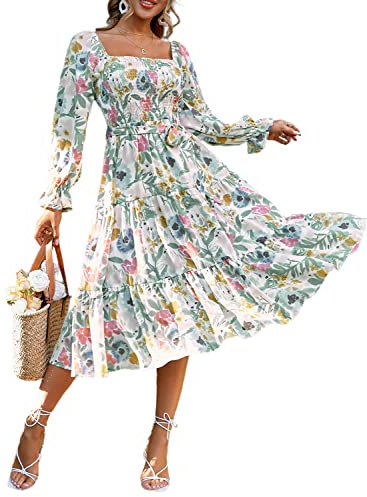 Amegoya Women's Boho Flowy Long Sleeve Midi Dress Tiered Smocked Square Neck Floral Maternity Dress(A-Floral L)