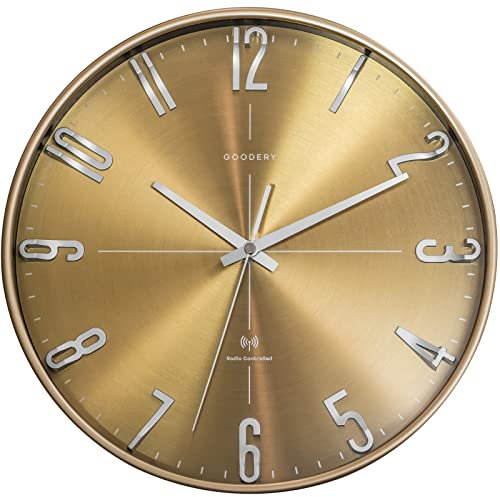 GOODERY Horloge murale radio-pilotée Ø 30 cm Silencieux 3D | Grande horloge murale analogique moderne sans tic-tac bruyant, presque silencieuse | Mur décoration | horloge radio-pilotee | Doré