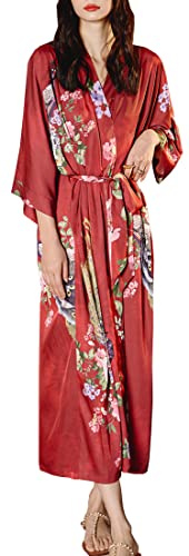MEDUOLA Accappatoio Donna Estivo Kimono Raso Stampato Seta Camicia da Notte Lunga Elegante Taglia Unica,Pavone Rosso