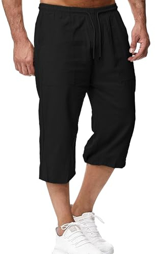 LVCBL Short en Lin pour Homme, Longueur 3/4, Pantalon d'été, pour la Plage, Le Yoga, Le Jogging, Décontracté