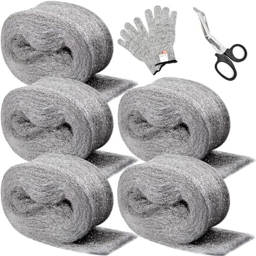 Meff-Mluk 5 Pack Steel Wool Mice, 15 Meter Ultra Fine Steel Wool 0000 Coarse Wire Wool Gaps Blocker with Gloves, Scissors for Keeps Mice & Rodents Away, Removing Paint, Varnish, Rust (3m/Roll) x 5