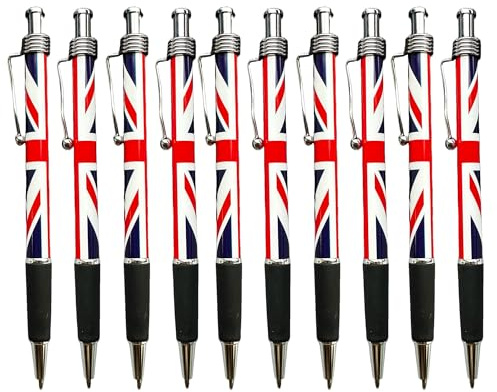 LILAJ Set of 10 Union Jack Flag Retractable Ballpoint Pens Souvenir & Stationery Patriotic Writing Instruments for Office, School, and Souvenir Gifts Party Decoration