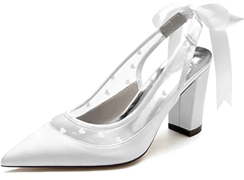 Gycdwjh Scarpe Bridal Sposa Satin Sandali Sposa Matrimonio Tacco Alto Grosso Scarpe Decollete Donna Tacchi Alti Pumps con Tacco Largo,Bianca,36 EU