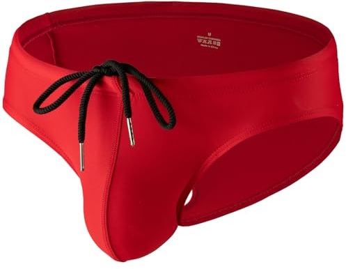 Summer Code Mens Solid Swim Briefs Drawstring Bikini Sport Swimsuit Red, Red, M