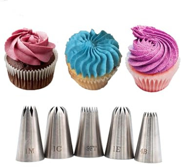 Star Churros Eclairs Rose Drop Flower Meringue Piping Nozzles 1M 4B 9FT 1C 1E,Large Piping Tips Set for Cake Cupcake Cookie Decorating,5 Pcs