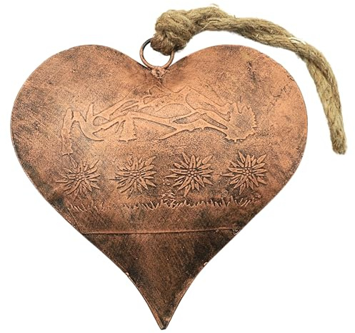Vintage Copper Heart-Shaped Hanging Ornament – Floral Engraved Metal Decor with Jute Rope, Farmhouse Art or Christmas Tree Decoration -7.5 Inches