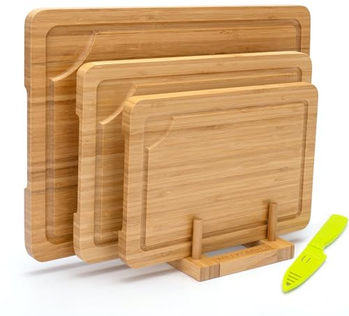 WILLKOMMEN Planche à découper en bambou, set de 3, planches à découper de cuisine avec rainure pour le jus, planche de service pour la viande, les fruits, les légumes et le fromage