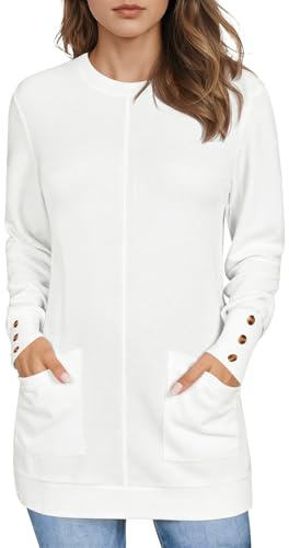LOMON Tunic Tops to Wear with Leggings Long Sleeve Blouses for Women Loose Fit White Crew Neck Tops Dressy Casual L