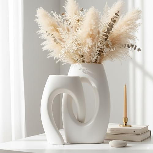 Ceramic Vase Set of 2 by DecoVlog, White Hollow Living Room Decor Vase, Minimalist Decorative Modern Boho Vase for Table Centerpiece Wedding Dining Living Room Office House Decoration