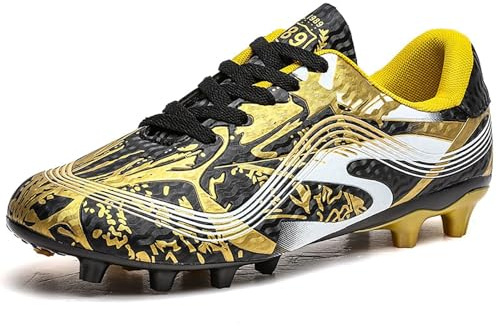 BAODLE Chaussures de football pour enfant garçon FG/AG Chaussures de football d'extérieur pour fille TF Football Chaussures d'entraînement professionnelles respirantes, Fg Noir Or, 36 EU
