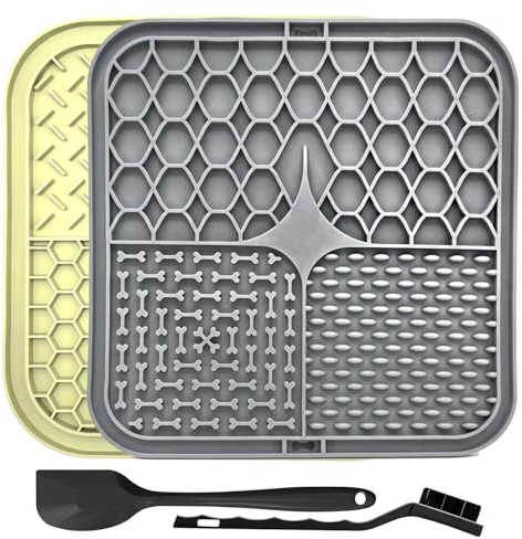 YSYONBOE Tapis de Léchage avec Ventouse pour Chien Chat, 20x20cm Tapis de Leche Chien Chat, pour Soulager anxiété de l'animal, Ralentit L'alimentation, sans BPA, pour Bain, Toilettage (Gris & Beige)