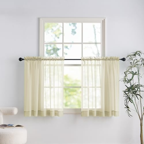 PONY DANCE Beige Net Curtains for Windows 36 Drop - Slot Top Voile Curtains, Semi Transparent Sheer Panels for Kitchen Living Room, 60x36 Inches (152x91cm), 2 Panels