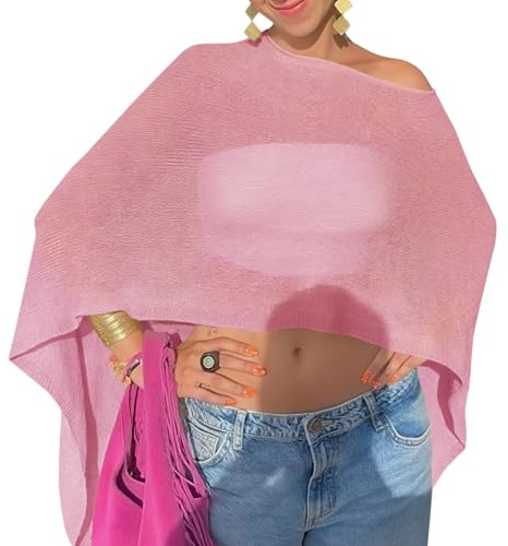 Fisoew Women Sheer Poncho Top Lightweight Knit Crochet Summer Shrug Bolero Off Shoulder Going Out Beach Cover up Pink