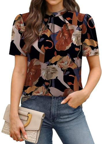 WIHOLL Blouses for Women Long Sleeve Tops Mock Neck Pleated Shirts Ladies Tops Business Loose Fit