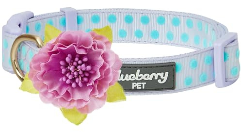 Blueberry Pet Adjustable Flocking Dog Collar with Artificial Silk Flower - Polka Dot in Pastel Purple, Large, Neck 18-26