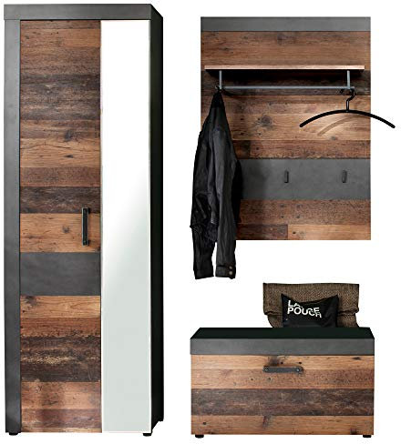 trendteam smart living - Indy - Garderoben-Set (Kleiderschrank + Sitzbank + Garderobenpaneel) - Graphit Grau/Alteiche - (BxHxT) 160 x 192 x 37 cm - rustikales Design