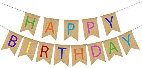 Kuou Happy Birthday Bunting Banner - 16 Feet Fabric Burlap With 13 Swallowtail Flags for Party Decorations, Multi Color