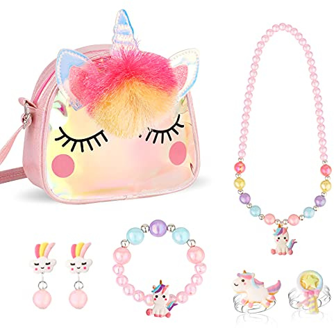 Hifot Einhorn Handtasche Schmuckset für Mädchen, Einhorn Halskette Armband Ring Ohrring Kinderschmuck Set, Prinzessin Ankleiden Geburtstag Geschenk