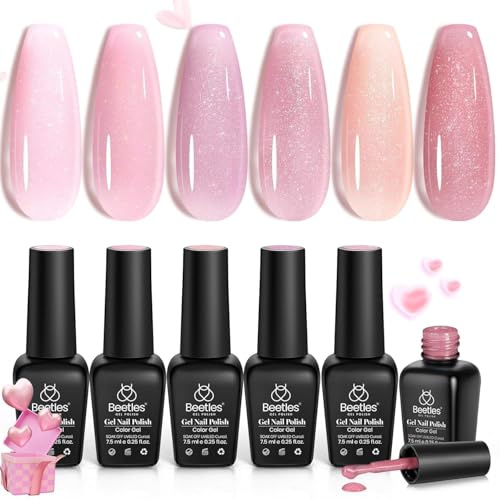 Beetles Esmalte de uñas UV de 6 colores - Colección de fuegos artificiales rosa romántica rosa brillante brillante gel de uñas de gel de uñas rosa bebé color natural diseño de uñas regalos para