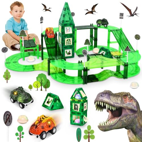 Sealilac Magnetische Bausteine Autorennbahn, 164 Stück Magnetbausteine Autorennbahn Dinosaurier Spielzeug Set, 3D Dino Autobahn Rennbahn Magnet Bausteine, Spielzeugbausteine für Kinder 3-8 Jahren
