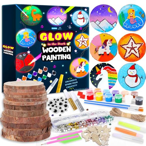 Yrinfay Nachtleuchtend Holzscheiben Malset für Kinder - Baumscheiben zum Basteln Mädchen 6 7 8 Holz Geburtstag - Holzscheibe Bastelset 8 9 Junge Kindergeburtstag - Mädchen Geschenke 10 11 12 Jahre