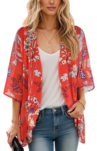 Cárdigan tipo kimono de manga abombada con estampado floral para mujer, blusa casual suelta