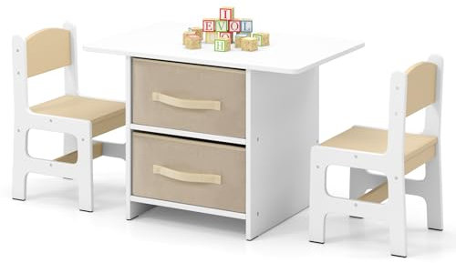 DREAMADE Kindertisch mit 2 Stühlen, Kindersitzgruppe mit Stauraum, 3tlg Aktivitäts-Tisch-Stuhl-Set mit 2 Stoffschubladen, Kindermöbel-Set aus Holz zum Essen & zeichnen & lesen (Beige)
