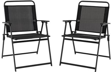 RELAX4LIFE Set di 2 Sedie Pieghevoli, Sedie da Giardino in Tessuto Traspirante, Braccioli e Poggiapiedi, Struttura in Metallo, Senza Montaggio, Portatili per Esterno, Max 150KG (Nero, 57x55x83cm)