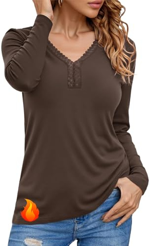 Crewhpo Camiseta Interior Termica para Mujer Manga Larga Algodón Ropa Térmica con Encaje Cuello en V Ajustado Básica Top Invierno Camisetas Termicas