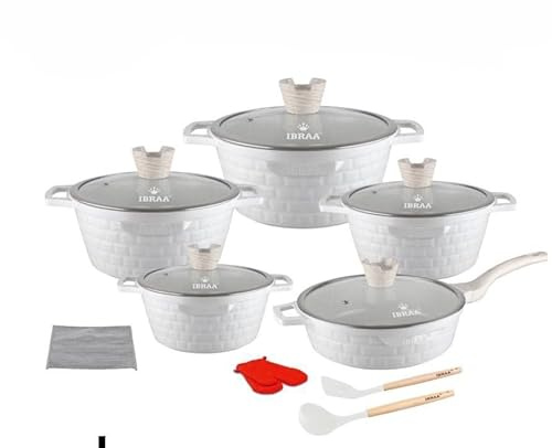 IBRAA 15Pcs Cooking pots/pan, Non-Stick, Induction, Bricks Shape, Inside Granite, semi- Thick Glass lid, Two Gloves, Two Cooking Spoons with a Cleaner,Set of Five Cooking pots and a pan.(White)
