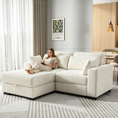 YNYHTER Divano 2 Posti, Divano Imbottito, Divano Modulare, Divano Letto Chaise Longue, Divano Velluto a Coste, Divano in Pelle a Forma di L con Cuscino e Poggiapiedi (Beige, 2 posti+1 poggiapiedi)