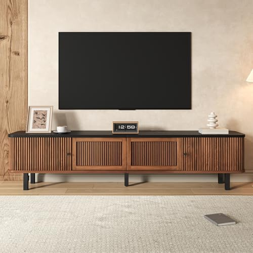 Moimhear Mueble de TV moderno, soporte de TV, panel de TV, armario de TV bajo, dos puertas correderas, dos puertas de rejilla, diseño único (nogal)