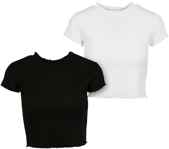 Urban Classics Maglietta da Donna Cropped Rib Tee, Confezione da 2 T-Shirt, Nero/Bianco, XS